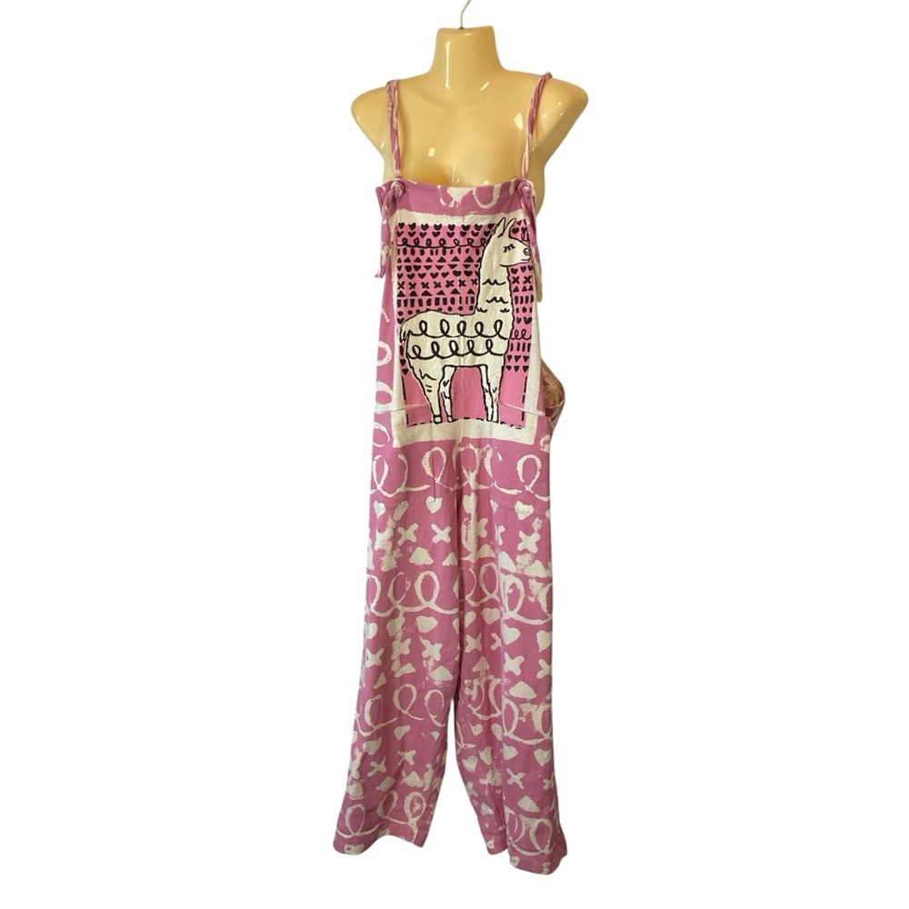 Custom Wholesale Wide-Leg Overalls Llama Graphic Wearable Art Pink White LargeXL